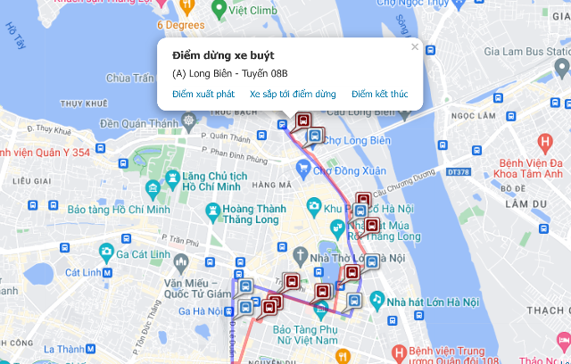 title :『 ハノイ市内バス全路線図⭐ハノイバス最新料金と乗り方 』画像説明文 :08B路線は08A路線とロンビエンバス停は同じですがヌックンガム（Nuoc Ngam Bus Station）バスターミナルを過ぎてからルートが変わります。また始発・最終の運行時刻が異なります。