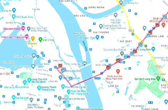 title :『 【ベトナム・ハノイバス路線図】空港＆市内も路線バス♪最新料金と乗り方 』画像説明文 :この路線もT2から乗車出来ません。T1のみですが国内線利用される方向けの市内バスですので利用する価値はありそうですね。ロンビエン近辺で乗降出来る場所の拡大路線図