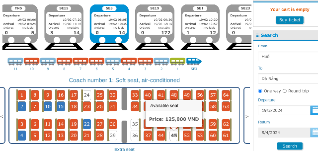 title :『 ベトナム鉄道の海側の席を予約したい！ 』画像説明文 :これは2024/2/19日、乗車日より15日前の予約状況です。前日、2024/2/20日では青色の規制された席がありましたが撤廃され、一部赤色の予約された席になりました。相当な部分が途中区間の予約と思われますね。白色が予約可能席ですのでSE3のソフトシートはほとんど残っていません。