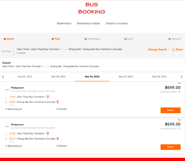 タイトル :『 【チェンマイ】タイのバスを予約する』見出し:『 ウドンタに〜チェンマイの予約』キーワード important!:『タイのバス予約サイトは12goやbaolauが知られていますがどちらもウドンターニからチェンマイまでのバスが少ないのでバス会社サイトから直接予約を入れてみました』Google Mapの説明文 :少しハプニングもありましたがPhetpresertバスの予約が出来るようになりました11月の予約は10/10日に可能となりました