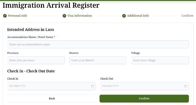 タイトル :『 【図解】ラオスのデジタル入出国登録の書き方|スマホでQRコードまで解説』見出し:『 追加情報』関連する重要なキーワード important!:『Department of Immigration of Lao PDR,ラオス移民局, デジタル入出国登録,QRコード, 記入の仕方』画像の説明文 :Additional Infoでは宿泊予定先(ホテル名など)、所在地、チエックイン、チエックアウト日時を入力しますブッキングの情報を見ながら入力フォームを埋めますVillage に該当する所在地がない場合もあるようです