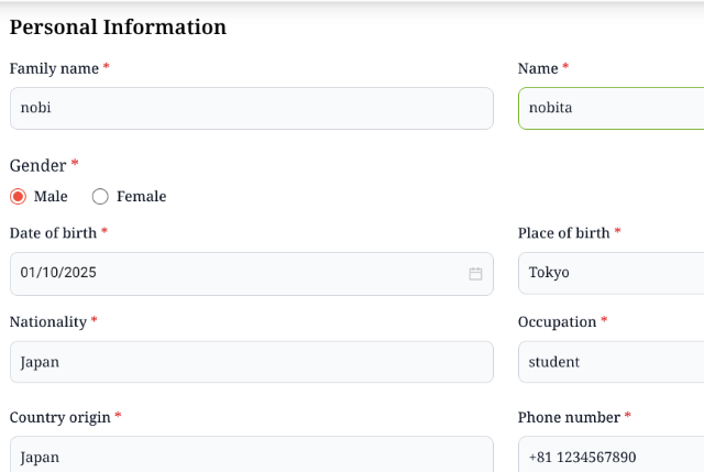 タイトル :『 【図解】ラオスのデジタル入出国登録の書き方|スマホでQRコードまで解説』見出し:『 Personal Information』関連する重要なキーワード important!:『Department of Immigration of Lao PDR,ラオス移民局, デジタル入出国登録,QRコード, 記入の仕方』画像の説明文 :個人情報の項目では氏名、性別、出生日時、出生地、国籍、職業、出生国、連絡先を登録します連絡先には国番号(日本:81)が必要です入力規則は決められていませんので+81 03 222 3333 や +81 090 ...など国番号と電話番号が識別出来ればいいのではと思われます