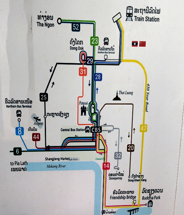 タイトル :『 【ビエンチャン】バスターミナル全路線と料金』見出し:『 ビエンチャン市内路線図と料金表』キーワード important!:『ラオス,ビエンチャン,ヴィエンチャン,タラートサオ,CBS,バスターミナル,國際バス,ノンカーイ,ウドンタニ,ウドンター二』Google Mapの説明文 :ビエンチャン市内バスの路線図です