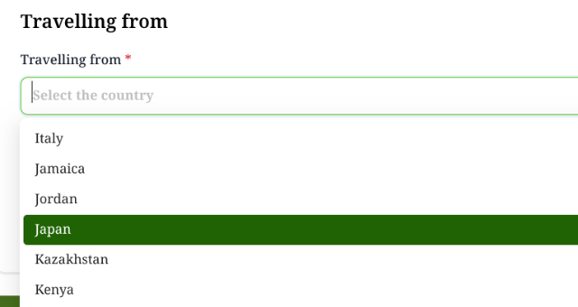 タイトル :『 【図解】ラオスのデジタル入出国登録の書き方|スマホでQRコードまで解説』見出し:『 Travelling from』関連する重要なキーワード important!:『Department of Immigration of Lao PDR,ラオス移民局, デジタル入出国登録,QRコード, 記入の仕方』画像の説明文 :どこから?ということで出発国をプルダウンメニューから選択しますA B C...順になっているようです