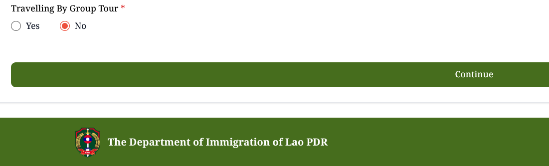 タイトル :『 【図解】ラオスのデジタル入出国登録の書き方|スマホでQRコードまで解説』見出し:『 Travelling from』関連する重要なキーワード important!:『Department of Immigration of Lao PDR,ラオス移民局, デジタル入出国登録,QRコード, 記入の仕方』画像の説明文 :次のグループツアーの項目では旅行会社主催などのツアーか個人旅行かの選択になります該当する方を選択します