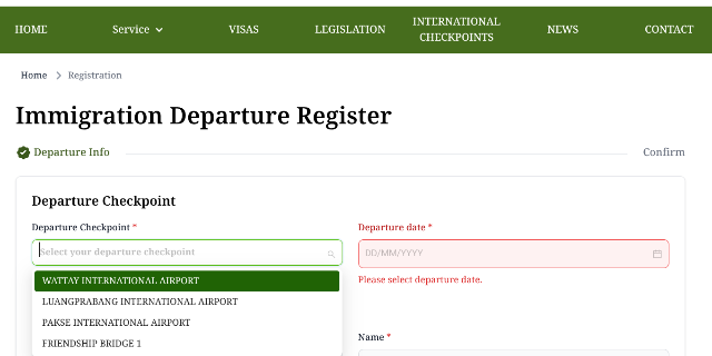 タイトル :『 【図解】ラオスのデジタル出国登録の書き方』見出し:『 Departure Checkpoint』関連する重要なキーワード important!:『ラオス、デジタル出入国フォーム、デジタル入出国登録,イミグレーション、滞在ホテル、ラオス住所』画像の説明文 :出国チェックポイントは入国と同様　国際空港三箇所、ラオス-タイ友好橋の合計四箇所のみ登録出来ます入力はプルダウンメニューから選択します