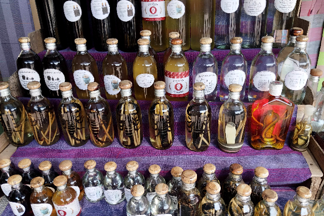 Title:『 コブラ焼酎・サソリ焼酎について』画像説明 :*コブラ焼酎・サソリ焼酎について*サンハイ村で目を引くのが、*コブラやサソリが瓶に入った焼酎です