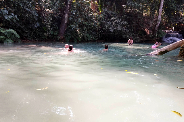 タイトル :『 クアンシーの滝で泳いできました・行き方と料金』見出し:『 泳いでみた感想』Keyword:『ラオス・ルアンパバーン郊外にあるクアンシーの滝を実際に訪問。泳いで分かった水温や注意点、行き方、入場料・ツアー料金、所要時間を写真付きで詳しく解説。一人旅でも安心です。』画像の説明文 :*泳いでみた感想*実際に滝壺で泳ぎました。（注：最上部の滝壺は遊泳禁止です）水温は井戸水のようにかなり冷たいですが、数分で慣れ、むしろ気持ちよく感じます。浅くて足がつく場所が多いものの、場所によっては深いところもあり、岩も滑りやすいため注意が必要です。*特に浅くて流れのあるところは丸い岩で苔が付着しているので簡單にコケます　 ^^;